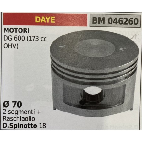 BRUMAR PISTONE COMPLETO DAYE MOTORI DG 600 (173 cc OHV)  Ø 70 2 segmenti + raschiaolio DSpinotto 18  RO