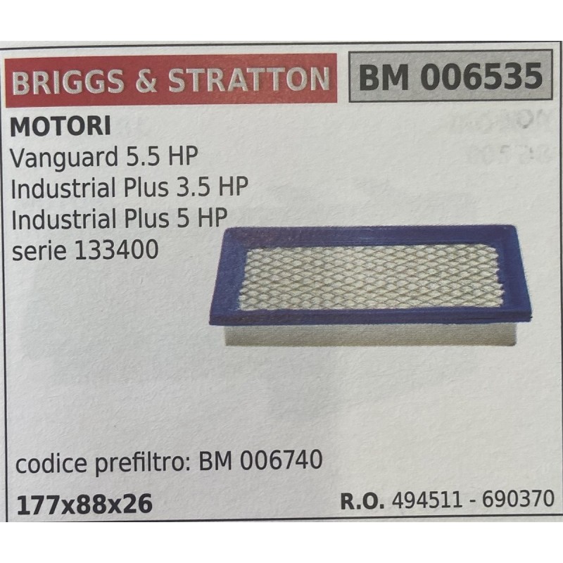 BRUMAR FILTRO BRIGGS & STRATTON  MOTORI Vanguard 55 HP Industrial Plus 35 HP Industrial Plus 5 HP serie 133400  codice prefiltr