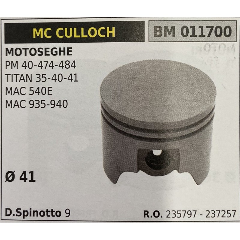BRUMAR PISTONE COMPLETO MC CULLOCH MOTOSEGHE PM 40474484 TITAN 354041 MAC 540E MAC 935940  Ø 41 D Spinotto 9  RO 235797  237257