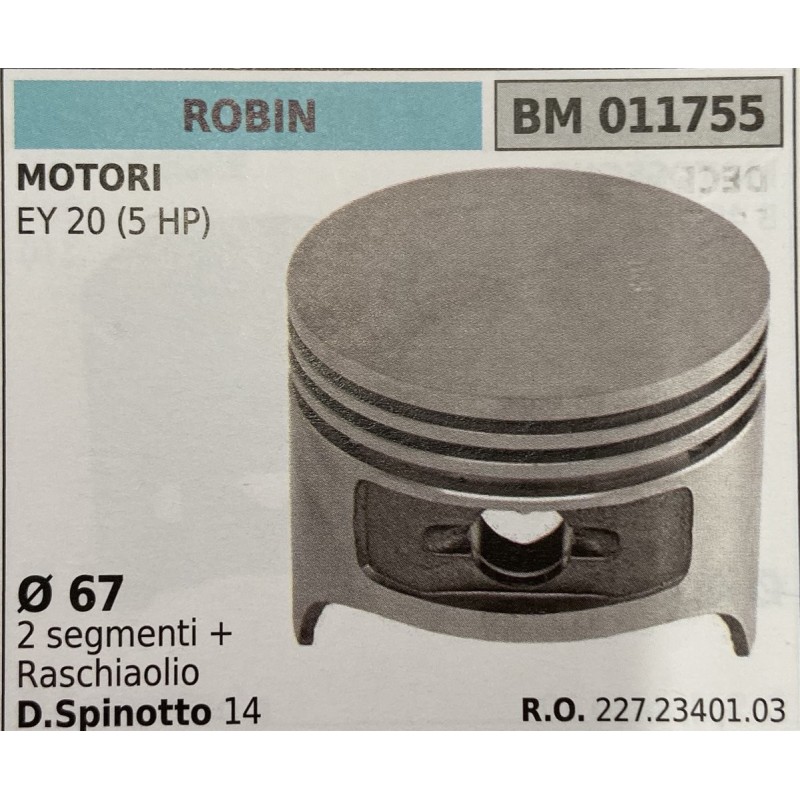 BRUMAR PISTONE COMPLETO ROBIN MOTORI EY 20 (5 HP)  Ø 67 2 segmenti + raschiaolio D Spinotto 14  RO 2272340103