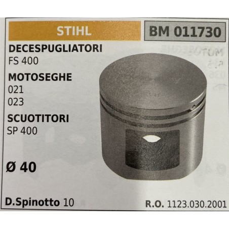 BRUMAR PISTONE COMPLETO STIHL DECESPUGLIATORI FS 400 MOTOSEGHE 021 023 SCUOTITORI SP 400   Ø 40 D Spinotto 10  RO 11230302001