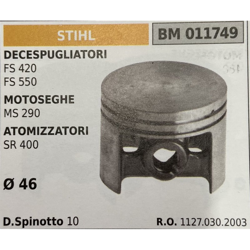 BRUMAR PISTONE COMPLETO STIHL DECESPUGLIATORI FS 420 FS 550 MOTOSEGHE MS 290 ATOMIZZATORI SR 400   Ø 46 D Spinotto 10  RO 11270