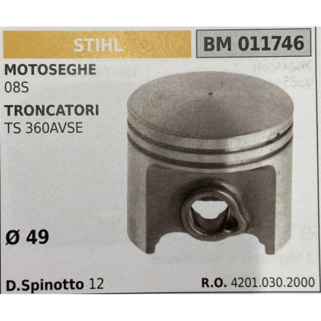 BRUMAR PISTONE COMPLETO STIHL MOTOSEGHE 08S TRONCATORI TS 360AVSE  Ø 49 D Spinotto 12 RO 42010302000