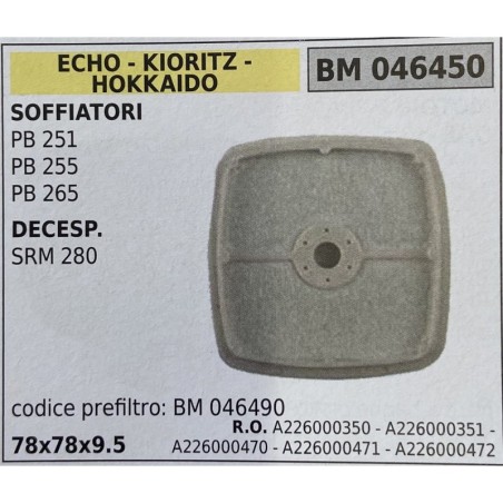 BRUMAR FILTRO ECHO  KIORITZ  HOKKAIDO  SOFFIATORI PB 251 PB 255 PB 265 DECESPUGLIATORI SRM 280  codice prefiltro: BM 046490 78x