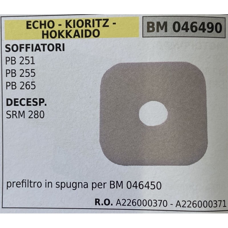 BRUMAR FILTRO ECHO  KIORITZ  HOKKAIDO  SOFFIATORI PB 251 PB 255 PB 265 DECESPUGLIATORI SRM 280  prefiltro in spugna per BM 0464