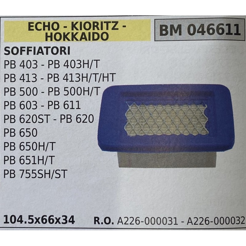 BRUMAR FILTRO ECHO  KIORITZ  HOKKAIDO  SOFFIATORI PB 403  PB 403HT PB 413  PB 413HTHT PB 500  PB 500HT PB 603  PB 611 PB 620ST
