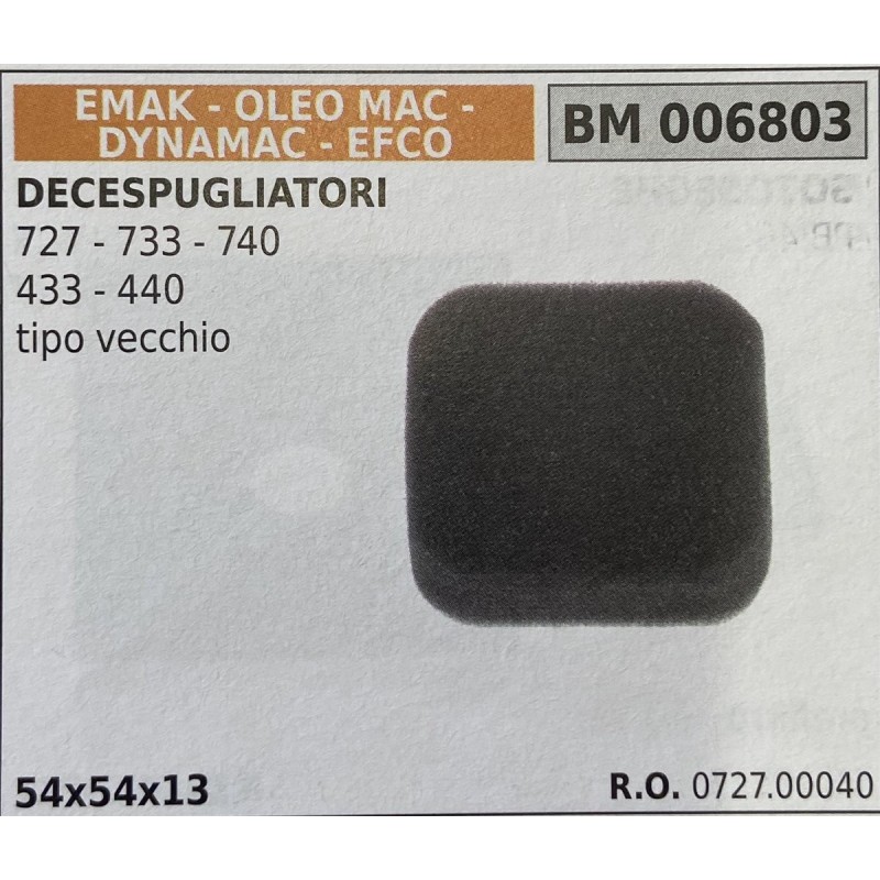 BRUMAR FILTRO EMAK  OLEO MAC  DYNAMAC  EFCO  DECESPUGLIATORI 727  733  740 433  440 tipo vecchio  54x54x13 RO 072700040