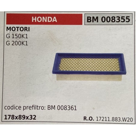 BRUMAR FILTRO HONDA  MOTORI G 150K1 G 200K1  codice prefiltro: BM 008361 178x89x32 RO 17211883W20