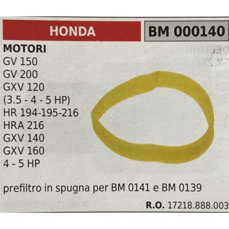 BRUMAR FILTRO HONDA  MOTORI GV 150 GV 200 GXV 120 (35  4  5 HP) HR 194195216 HRA 216 GXV 140 GXV 160 4  5 HP  prefiltro in spug