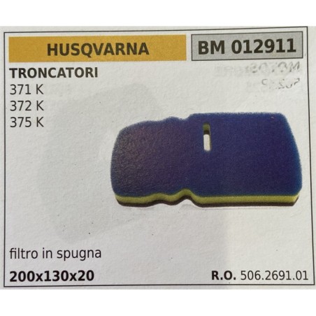 BRUMAR FILTRO HUSQVARNA  TRONCATORI 371 K 372 K 375 K  filtro in spugna  200x130x20 RO 506269101