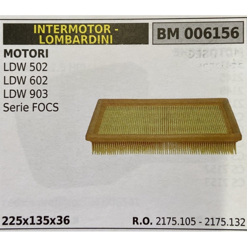 BRUMAR FILTRO INTERMOTOR  LOMBARDINI  MOTORI LDW 502 LDW 602 LDW 903 Serie FOCS  225x135x36 RO 2175105  2175132