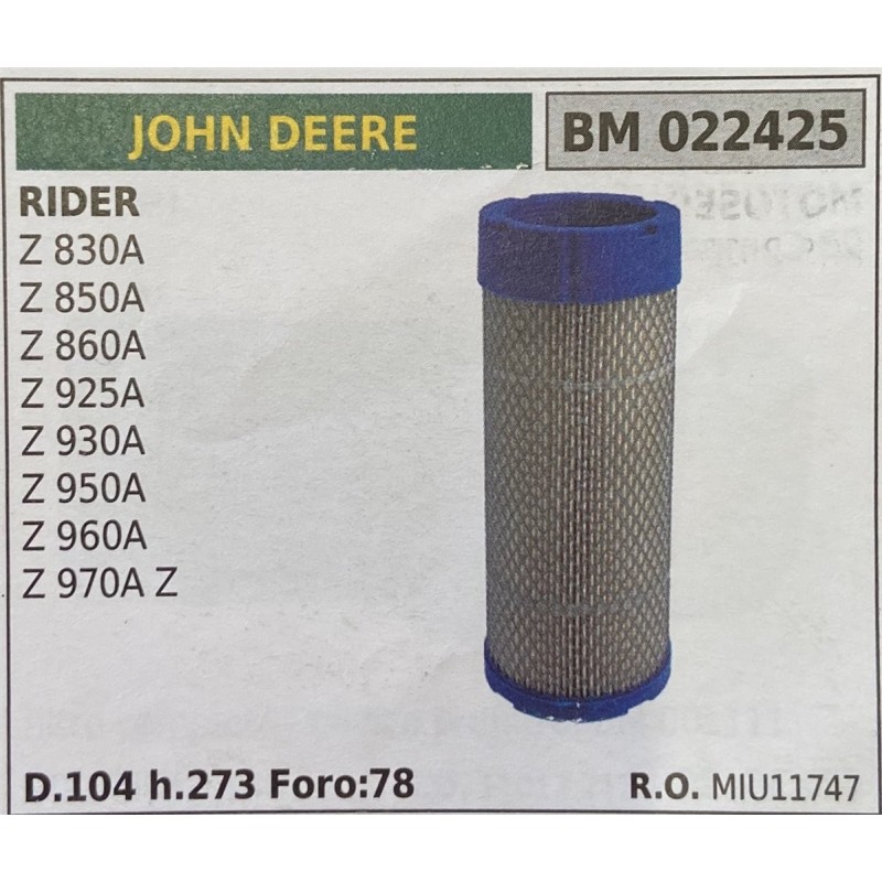 BRUMAR FILTRO JOHN DEERE  RIDER Z 830A Z 850A Z 860A Z 925A Z 930A Z 950A Z 960A Z 970A Z  D104 h273 Foro:52 RO MIU11747