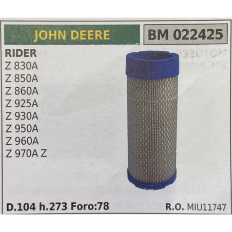 BRUMAR FILTRO JOHN DEERE  RIDER Z 830A Z 850A Z 860A Z 925A Z 930A Z 950A Z 960A Z 970A Z  D104 h273 Foro:52 RO MIU11747