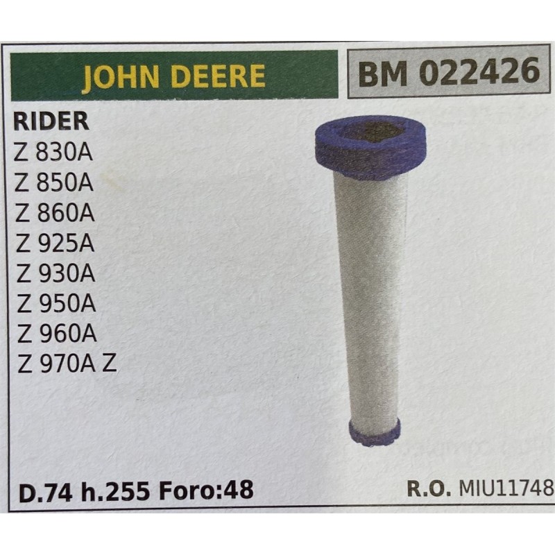 BRUMAR FILTRO JOHN DEERE  RIDER Z 830A Z 850A Z 860A Z 925A Z 930A Z 950A Z 960A Z 970A Z  D74 h255 Foro:48 RO MIU11748