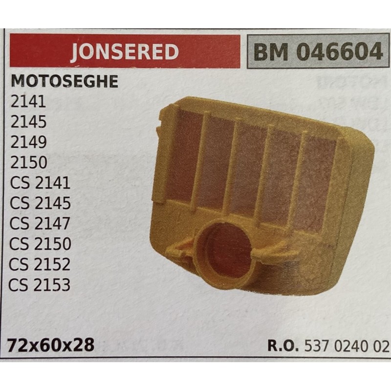 BRUMAR FILTRO JONSERED  MOTOSEGHE 2141 2145 2149 2150 CS 2141 CS 2145 CS 2147 CS 2150 CS 2152 CS 2153  72x60x28 RO 537 0240 02