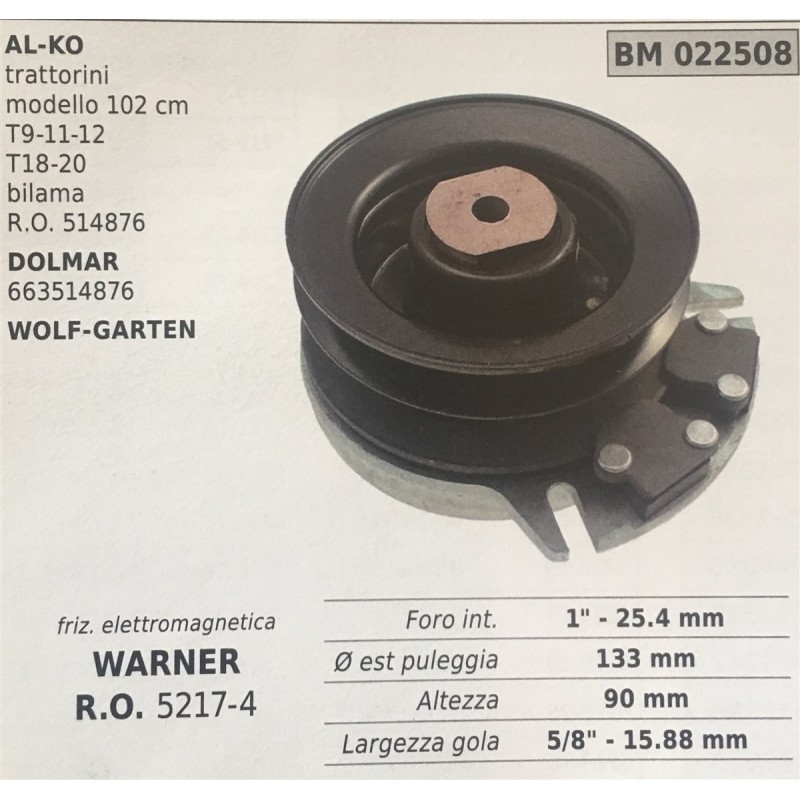 FRIZIONE ELETTROMAGNETICA BRUMAR WARNER ALKO trattorini modello 102 cm T91112 T1820 bilama RO 514876 DOLMAR 663514876 WOLFGARTE