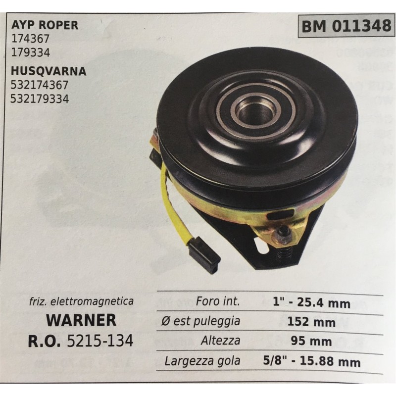 FRIZIONE ELETTROMAGNETICA BRUMAR WARNER AYP ROPER 174367 179334 HUSQVARNA 532174367 532179334    foro int 1""  254 mm Ø est pul