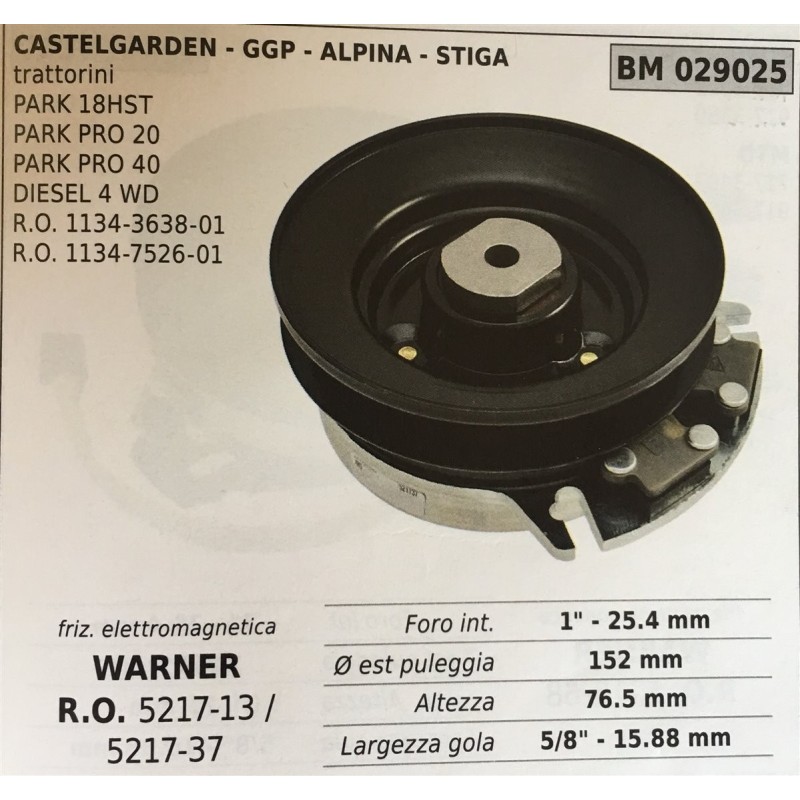 FRIZIONE ELETTROMAGNETICA BRUMAR WARNER CASTELGARDEN  GGP  ALPINA  STIGA trattorini  PARK 18HST PARK PRO 20 PARK PRO 40 DIESEL