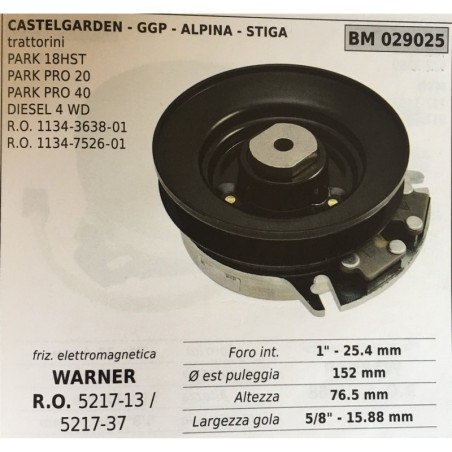 FRIZIONE ELETTROMAGNETICA BRUMAR WARNER CASTELGARDEN  GGP  ALPINA  STIGA trattorini  PARK 18HST PARK PRO 20 PARK PRO 40 DIESEL