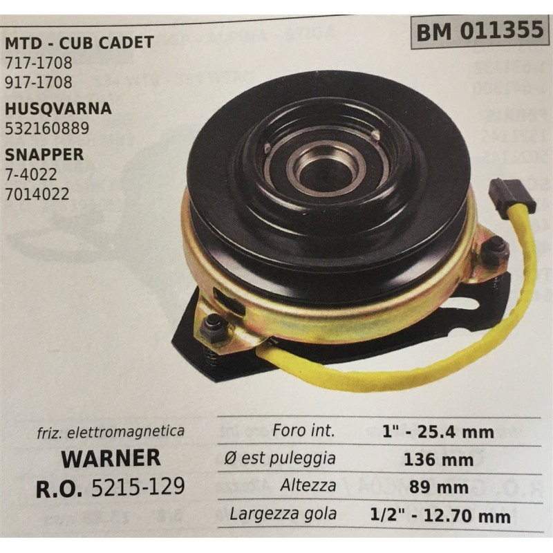 FRIZIONE ELETTROMAGNETICA BRUMAR WARNER MTD  CUB CADET 7171708 9171708 HUSQVARNA 532160889 SNAPPER 74022 7014022    foro int 1"