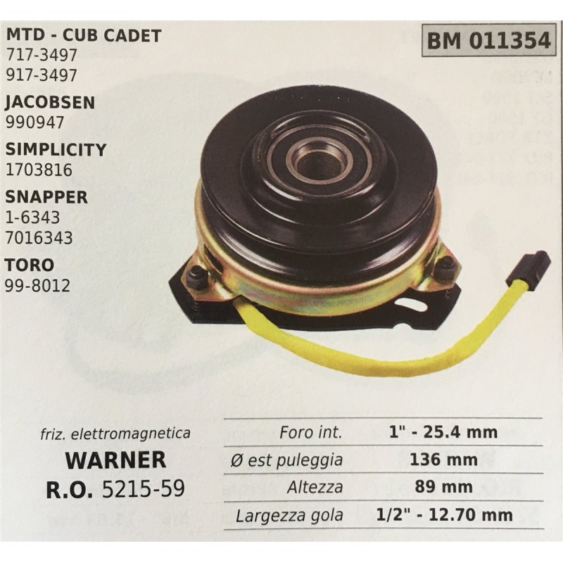 FRIZIONE ELETTROMAGNETICA BRUMAR WARNER MTD  CUB CADET 7173497 9173497 JACOBSEN 990947 SIMPLICITY 1703816 SNAPPER 16343 7016343
