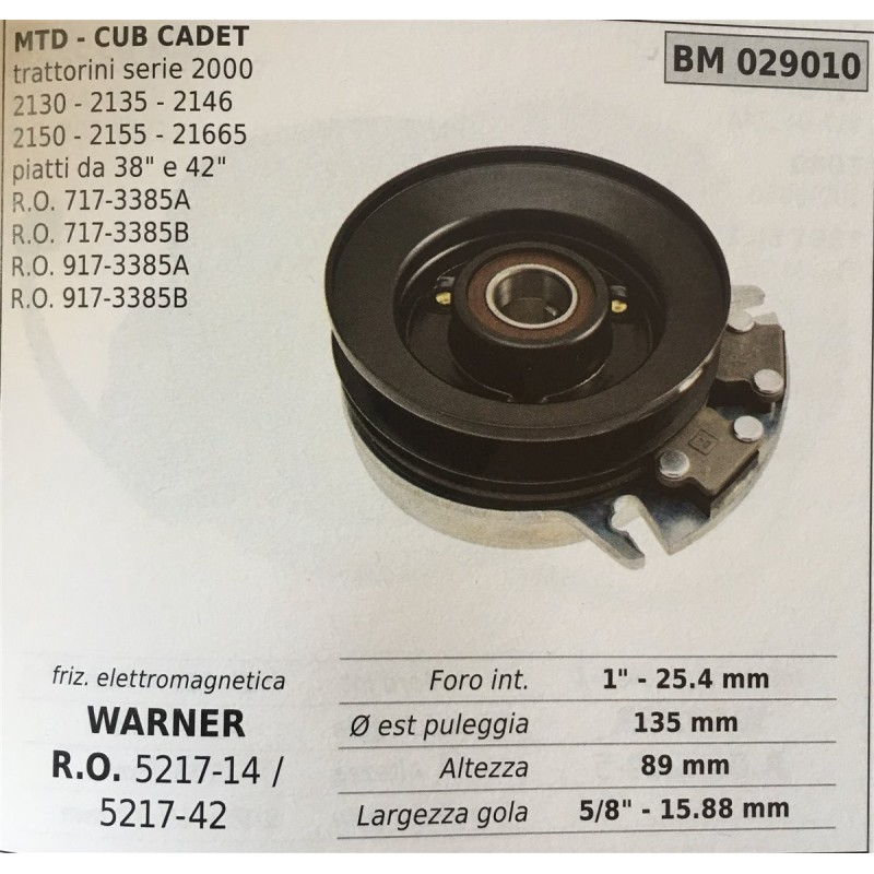 FRIZIONE ELETTROMAGNETICA BRUMAR WARNER MTD  CUB CADET trattorini serie 2000 2130  2135  2146 2150  2155  21665 piatti da 38""