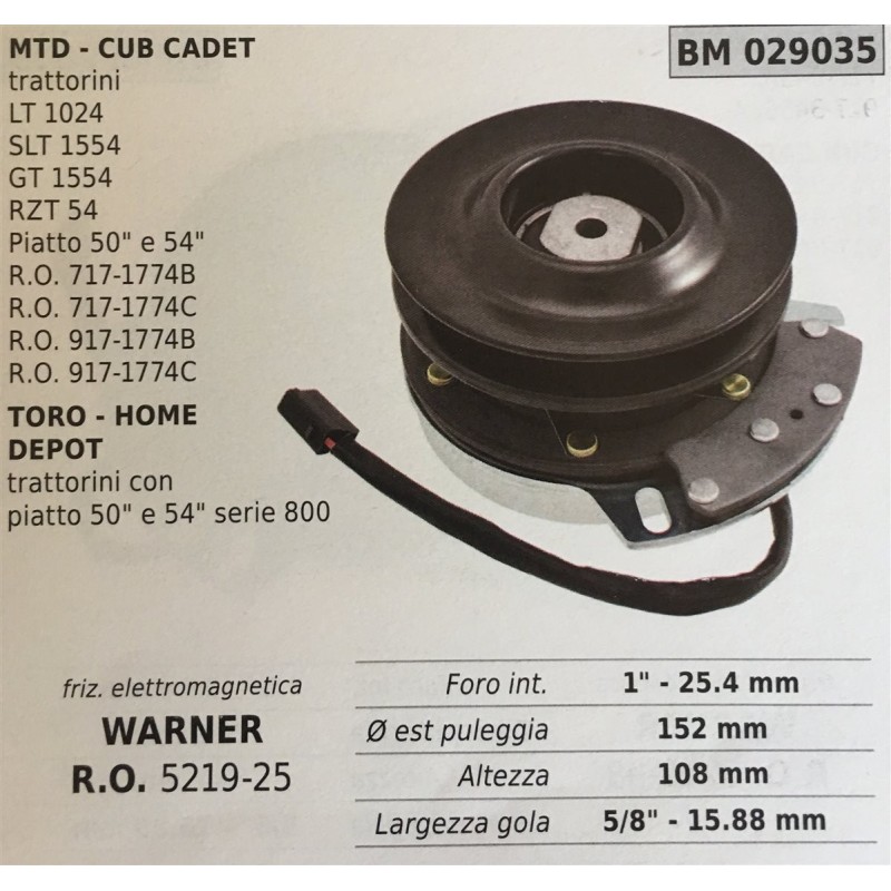 FRIZIONE ELETTROMAGNETICA BRUMAR WARNER MTD  CUB CADET trattorini  LT 1024 SLT 1554 GT 1554 RZT 54 Piatto 50"" e 54"" RO 717177