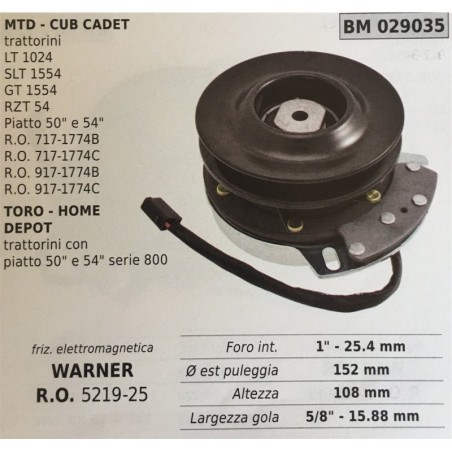 FRIZIONE ELETTROMAGNETICA BRUMAR WARNER MTD  CUB CADET trattorini  LT 1024 SLT 1554 GT 1554 RZT 54 Piatto 50"" e 54"" RO 717177