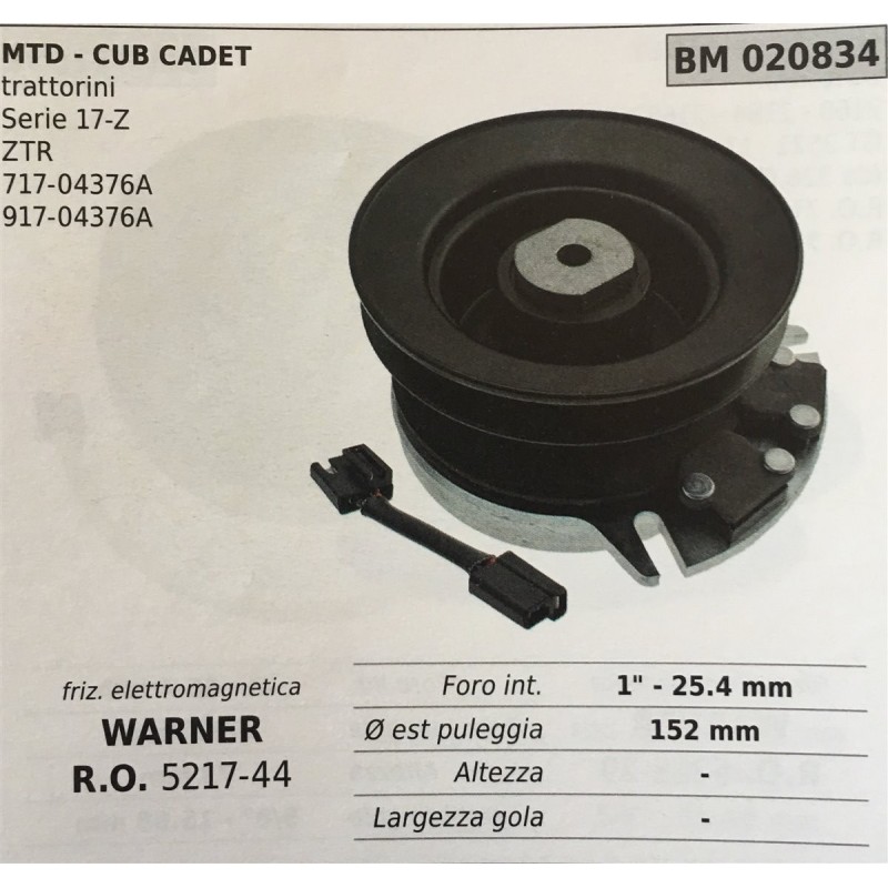 FRIZIONE ELETTROMAGNETICA BRUMAR WARNER MTD  CUB CADET trattorini  Serie 17Z ZTR 71704376A 91704376A    foro int 1""  254 mm Ø