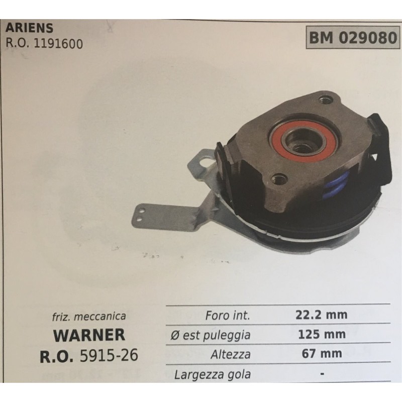 FRIZIONE MECCANICA BRUMAR WARNER ARIENS RO 1191600    foro int 222 mm Ø est puleggia 125 mm altezza 67 mm larghezza gola
