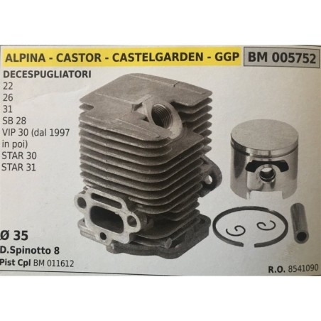 CILINDRO COMPLETO DI PISTONE E SEGMENTI BRUMAR  ALPINA  CASTOR  CASTELGARDEN  GGP DECESPUGLIATORI 22 26 31 SB 28 VIP 30 (dal 19