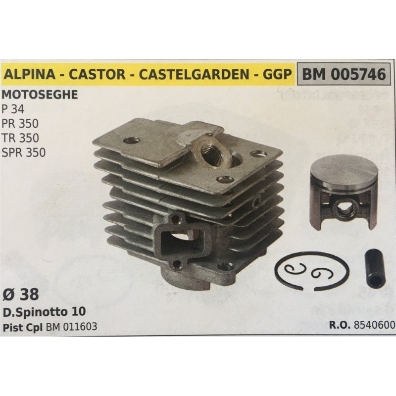 CILINDRO COMPLETO DI PISTONE E SEGMENTI BRUMAR  ALPINA  CASTOR  CASTELGARDEN  GGP MOTOSEGHE P 34 PR 350 TR 350 SPR 350    Ø 38