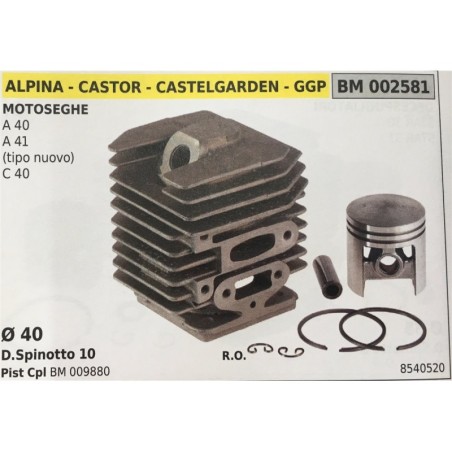 CILINDRO COMPLETO DI PISTONE E SEGMENTI BRUMAR  ALPINA  CASTOR  CASTELGARDEN  GGP MOTOSEGHE A 40 A 41 (tipo nuovo) C 40    Ø 40