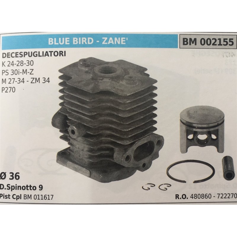 CILINDRO COMPLETO DI PISTONE E SEGMENTI BRUMAR  BLUE BIRD  ZANE' DECESPUGLIATORI K 242830 PS 30iMZ M 2734  ZM 34 P270    Ø 36 D