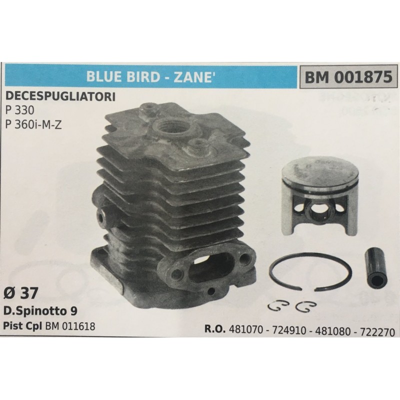 CILINDRO COMPLETO DI PISTONE E SEGMENTI BRUMAR  BLUE BIRD  ZANE' DECESPUGLIATORI P 330 P 360iMZ    Ø 37 DSpinotto 9 Pist Cpl BM