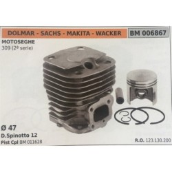 CILINDRO COMPLETO DI PISTONE E SEGMENTI BRUMAR  DOLMAR  SACHS  MAKITA  WACKER MOTOSEGHE 309 (2° serie)    Ø 47 DSpinotto 12 Pis
