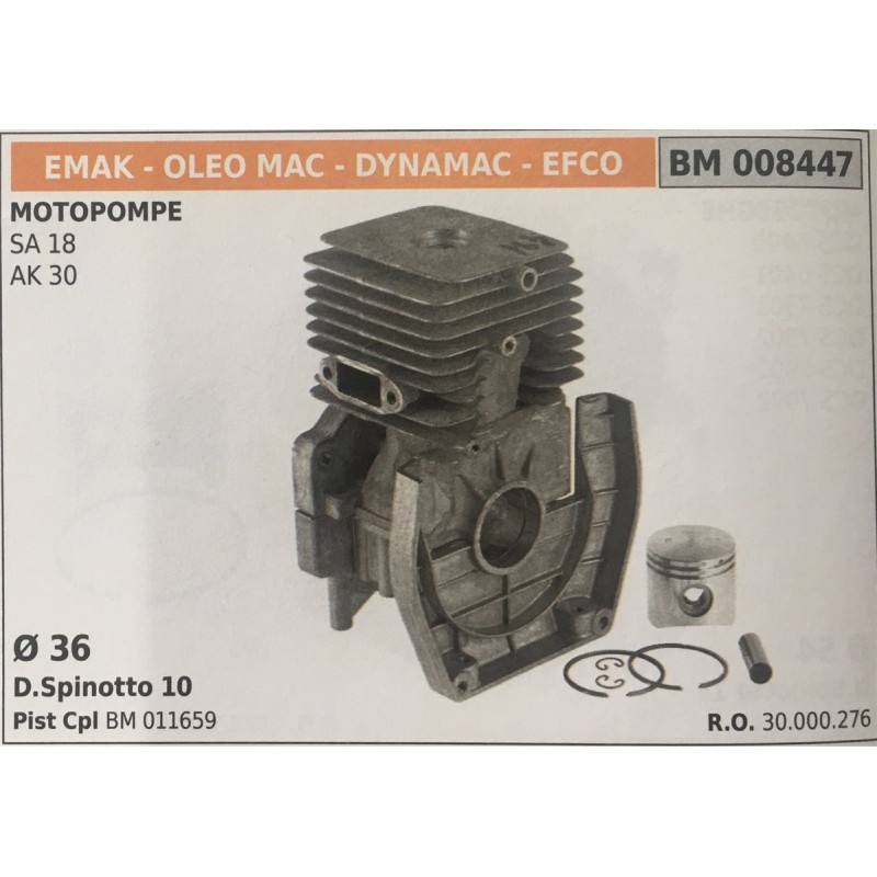 CILINDRO COMPLETO DI PISTONE E SEGMENTI BRUMAR  EMAK  OLEO MAC  DYNAMAC  EFCO MOTOPOMPE SA 18 AK 30    Ø 36 DSpinotto 10 Pist C