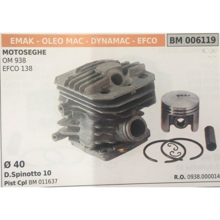 CILINDRO COMPLETO DI PISTONE E SEGMENTI BRUMAR  EMAK  OLEO MAC  DYNAMAC  EFCO MOTOSEGHE OM 938 EFCO 138    Ø 40 DSpinotto 10 Pi