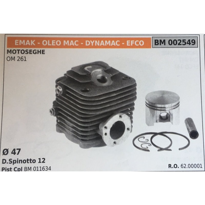CILINDRO COMPLETO DI PISTONE E SEGMENTI BRUMAR  EMAK  OLEO MAC  DYNAMAC  EFCO MOTOSEGHE OM 261    Ø 47 DSpinotto 12 Pist Cpl BM