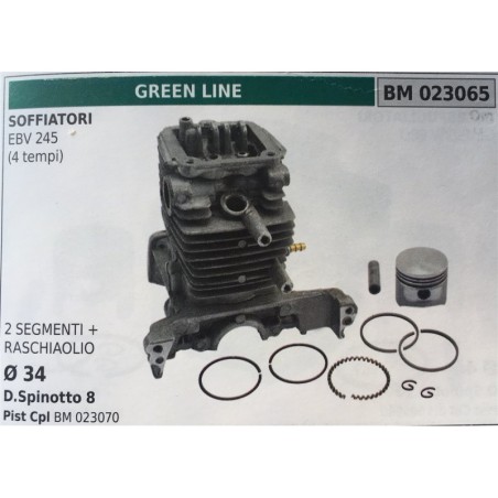 CILINDRO COMPLETO DI PISTONE E SEGMENTI BRUMAR  GREEN LINE SOFFIATORI EBV 245 (4 tempi)    2 SEGMENTI + RASCHIAOLIO Ø 34 DSpino