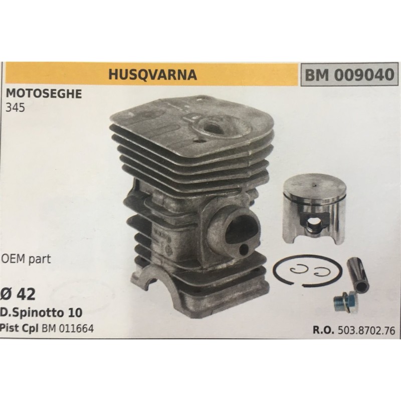 CILINDRO COMPLETO DI PISTONE E SEGMENTI BRUMAR  HUSQVARNA MOTOSEGHE 345    OEM part  Ø 42 DSpinotto 10 Pist Cpl BM 011662