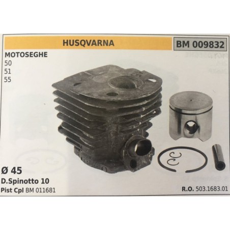 CILINDRO COMPLETO DI PISTONE E SEGMENTI BRUMAR  HUSQVARNA MOTOSEGHE 50 51 55    Ø 45 DSpinotto 10 Pist Cpl BM 011681