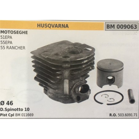 CILINDRO COMPLETO DI PISTONE E SEGMENTI BRUMAR  HUSQVARNA MOTOSEGHE 51EPA 55EPA 55 RANCHER    Ø 46 DSpinotto 10 Pist Cpl BM 011