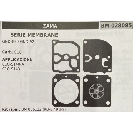 BRUMAR MEMBRANAKIT RIPARAZIONE ZAMA  SERIE MEMBRANE GND89  GND92  Carb C1Q  APPLICAZIONI: C1QS140A C1QS143  Kit ripar BM 006122