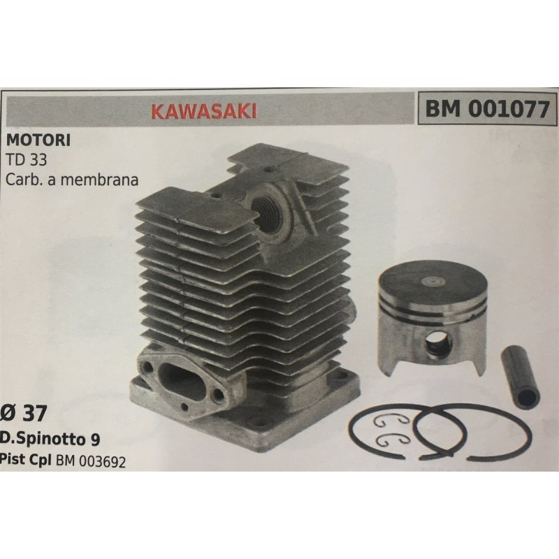 CILINDRO COMPLETO DI PISTONE E SEGMENTI BRUMAR  KAWASAKI MOTORI TD 33 Carb a membrana    Ø 37 DSpinotto 9 Pist Cpl BM 003692