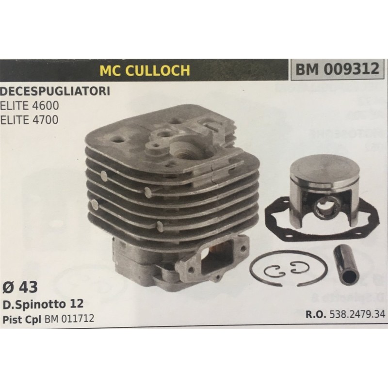 CILINDRO COMPLETO DI PISTONE E SEGMENTI BRUMAR  MC CULLOCH DECESPUGLIATORI ELITE 4600 ELITE 4700    Ø 43 DSpinotto 12 Pist Cpl