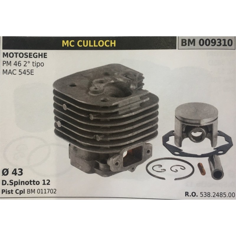 CILINDRO COMPLETO DI PISTONE E SEGMENTI BRUMAR  MC CULLOCH MOTOSEGHE PM 46 2° tipo MAC 545E    Ø 43 DSpinotto 12 Pist Cpl BM 01