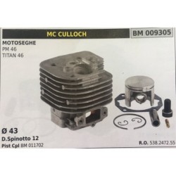 CILINDRO COMPLETO DI PISTONE E SEGMENTI BRUMAR  MC CULLOCH MOTOSEGHE PM 46 TITAN 46    Ø 43 DSpinotto 12 Pist Cpl BM 011702