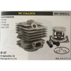 CILINDRO COMPLETO DI PISTONE E SEGMENTI BRUMAR  MC CULLOCH MOTOSEGHE PM 60 PM 61 TITAN 60 MAC 970    Ø 47 DSpinotto 12 Pist Cpl