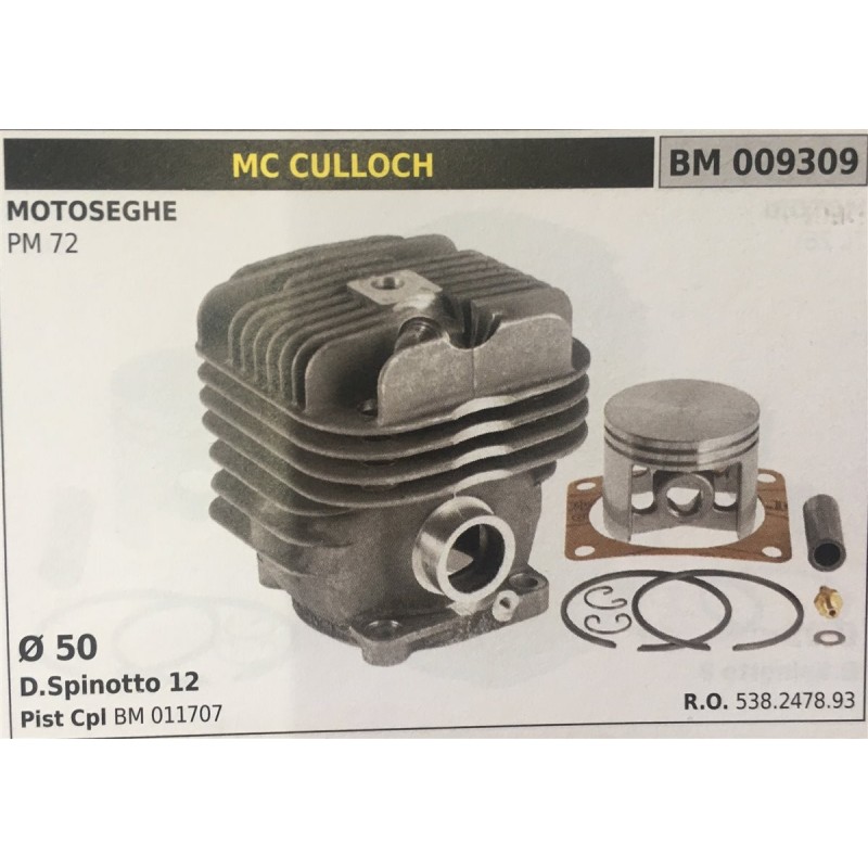 CILINDRO COMPLETO DI PISTONE E SEGMENTI BRUMAR  MC CULLOCH MOTOSEGHE PM 72    Ø 50 DSpinotto 12 Pist Cpl BM 011707